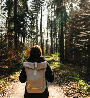 Eine Frau mit Rucksack blickt in den Wald | © Stadtverwaltung Crailsheim