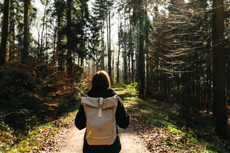 Eine Frau mit Rucksack blickt in den Wald | © Stadtverwaltung Crailsheim