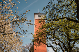 Der Burgbergturm ragt zwischen blühenden Bäumen hervor | © Stadtverwaltung Crailsheim
