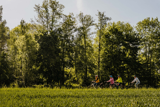Eine Gruppe von vier Radfahrern fährt am Waldrand entlang | © Stadtverwaltung Crailsheim