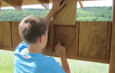 Ein Junge schaut, was sich einer Holztafel befindet | © Touristikgemeinschaft Hohenlohe e. V.  |  Gemeinde Dörzbach