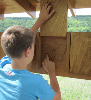 Ein Junge schaut, was sich einer Holztafel befindet | © Touristikgemeinschaft Hohenlohe e. V.  |  Gemeinde Dörzbach