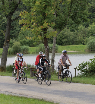 Fünf Radfahrer auf einem Weg am See | © Touristikgemeinschaft Hohenlohe e. V. |  Susanne Schleussner