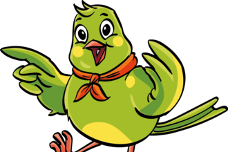 Grüner lachender Vogel zeigt den Weg nach links.