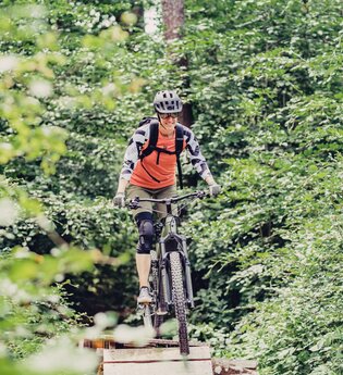 Eine Mountainbikerin fährt auf ihrem Bike auf einem Trail durch den Wald | © Touristikgemeinschaft Odenwald e.V.