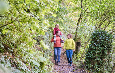 Eine Mutter ist mit ihren beiden Kindern im Wald unterwegs. | © Touristikgemeinschaft Hohenlohe e. V.