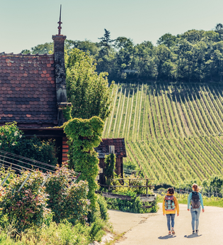 Zwei wandernde Frauen vor einem Weinbergshäuschen am Wartberg Heilbronn | © Touristikgemeinschaft HeilbronnerLand e.V.