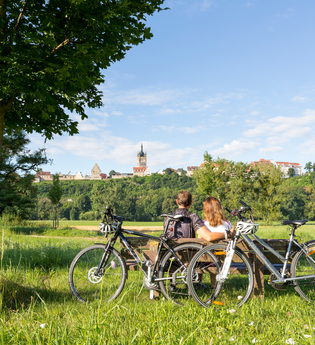 Radfahrer machen Rast mit Blick auf Bad Wimpfen | © Stadt Bad Wimpfen