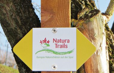 In der Wegmarkierung steht Natura Trails, Blumen und eine grüne Welle | © Touristikgemeinschaft Hohenlohe e. V. | Ekkehard Faust