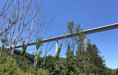 Kochertalbrücke hinter Bäumen mit klarem Himmel