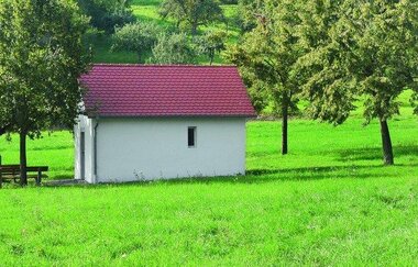 Die Kapelle liegt idyllisch inmitten einer grünen Wiese und Bäumen | © Touristikgemeinschaft Hohenlohe e. V. | Stadt Krautheim