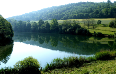 Stausee mit grünen Wiesen | © Touristikgemeinschaft Hohenlohe e. V. | Gemeinde Mulfingen