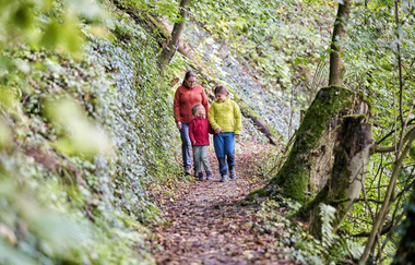 Eine Frau in roter Jacke  wandert mit ihren beiden Kindern im Wald | © Touristikgemeinschaft Hohenlohe e. V.