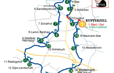 Verlauf des Pfarrer Mayer Radwegs anhand einer Karte | © Touristikgemeinschaft Hohenlohe e. V. | Pfarrer Mayer Gesellschaft