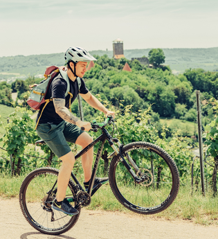 Radfahrer unterwegs oberhalb der Burg Hohenbeilstein | © Touristikgemeinschaft HeilbronnerLand e.V.