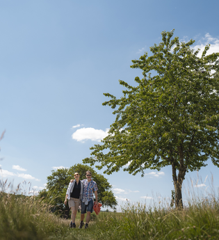 Zwei Personen gehen auf einem grasbewachsenen Pfad an einem Feld. Eine Person trägt eine Jacke, die andere ein kariertes Hemd. | © Stadt Bad Mergentheim