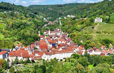 Luftaufnahme der früheren Residenzstadt mit Häusern und Ruine Lichteneck | © Touristikgemeinschaft Hohenlohe e. V. | Andi Schmid