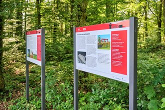 Wanderer an Infotafeln zum Limes | © Touristikgemeinschaft Hohenlohe e. V.