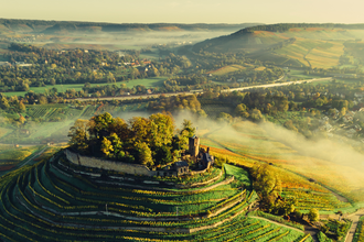 Drohnenaufnahme der Burgruine Weibertreu im Morgennebel. Aussicht über Weinsberger Tal mit dem Naturpark Schwäbisch-Fränkischer Wald im Hintergrund. | © Touristikgemeinschaft HeilbronnerLand