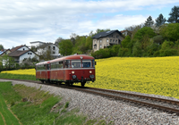 Zug mit zwei Waggons fährt auf Gleisen neben einem blühenden Feld und mehreren Häusern im Hintergrund | © Willi Hofmann